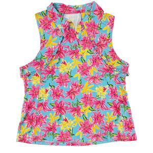 Gottex Sleeveless Floral Polo Shirt Womens Sz Large Blue Pink Yellow Ruffle